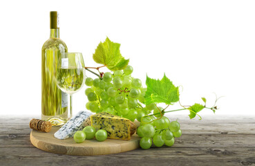 Composition with glass of wine, fresh ripe grapes, cheeses assortment on vintage wooden table isolated on white background. Grape wine tasting 3D illustration concept ad design, copy space for text
