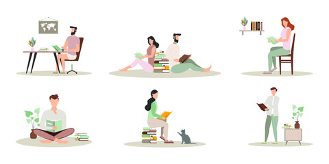 Collection of people reading or students studying and preparing for examination. Set of book lovers, readers, modern literature fans isolated on white background. Flat cartoon vector illustration.