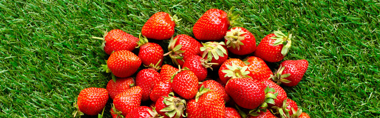 red fresh strawberries on green grass, close view