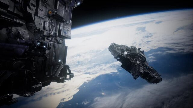highly detailed huge spaceship approaching to the Earth. elements of this image furnished by NASA
