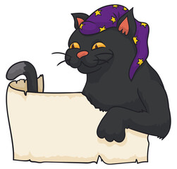Black Cat with Starry Hat behind a Scroll, Vector Illustration