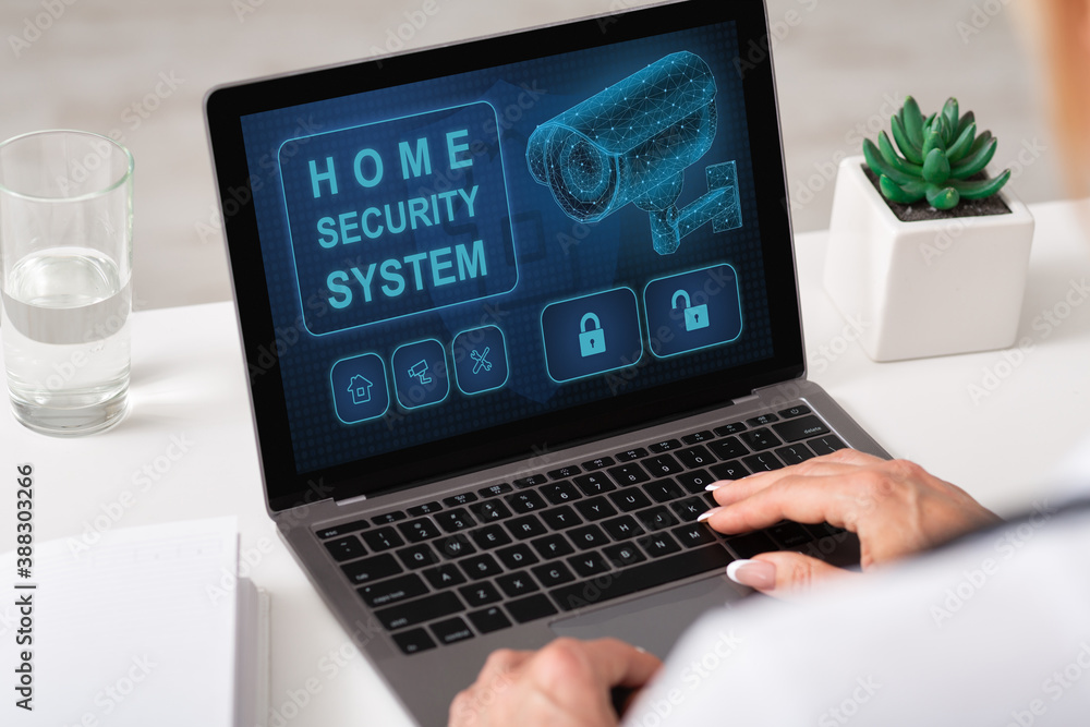 Poster Woman using laptop with home security application