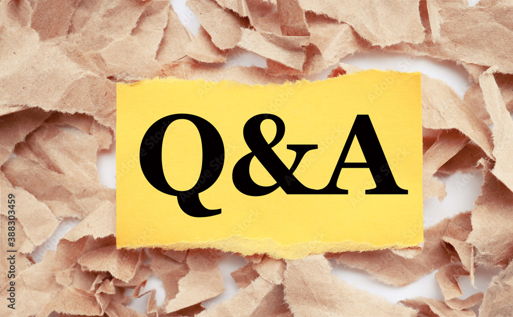 Poster q a. questions and answers text on yellow paper on torn paper background