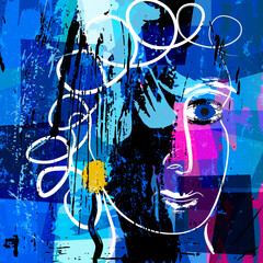 abstract background composition, with paint strokes and splashes, face/mask