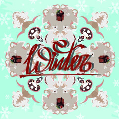  Light blue winter pattern card with Christmas muffin and inscription 'Winter'.