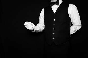 Portrait of Butler or Waiter in Black Vest and Bow Tie Standing at Attention. At Your Service. Concept of Service Industry and Professional Hospitality. Copy Space for Service. White Glove Service