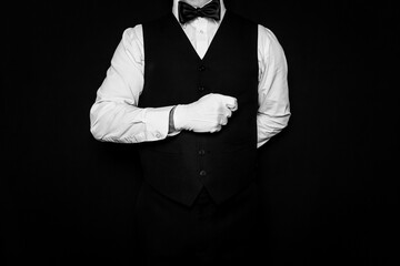 Butler or Waiter in Black Vest and White Gloves Standing at Elegant Attention. At Your Service. Concept of Service Industry and Professional Hospitality. Copy Space for Service.  - obrazy, fototapety, plakaty