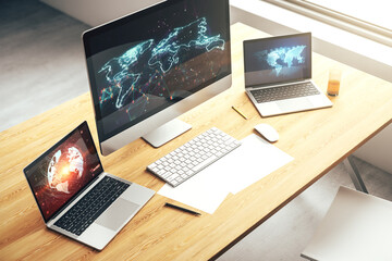 Abstract graphic world map on modern laptop screen, connection and communication concept. 3D...