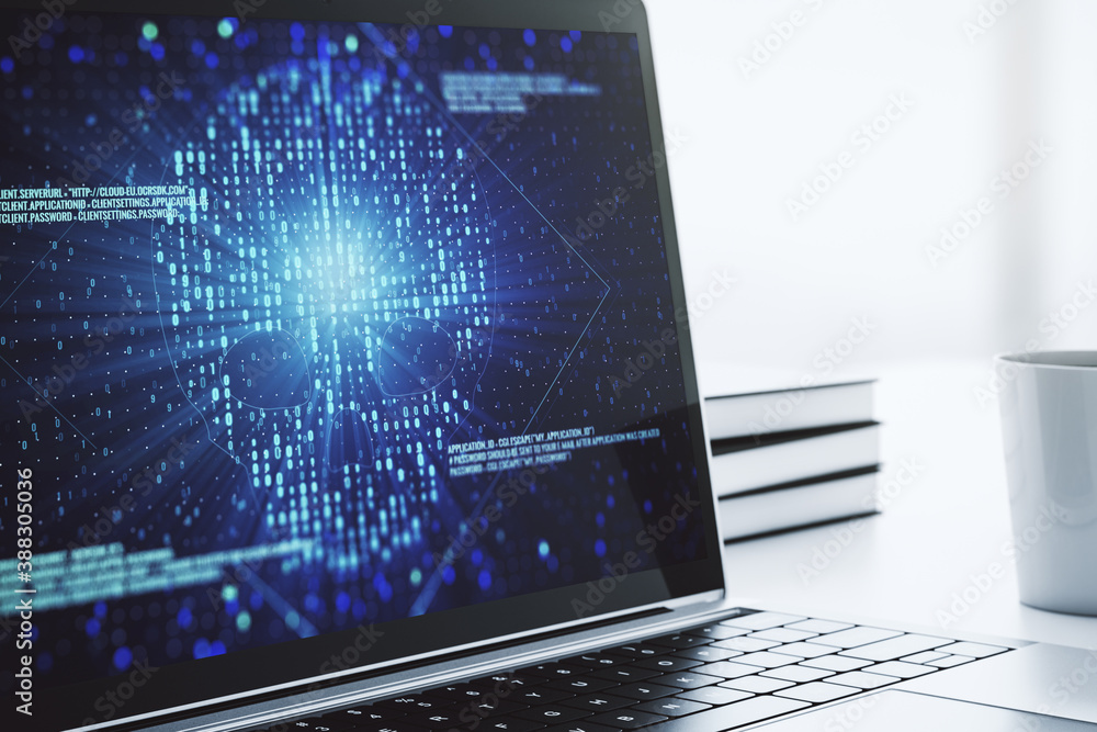 Leinwandbilder creative code skull hologram on modern computer monitor, cybercrime and hacking concept. 3d renderin