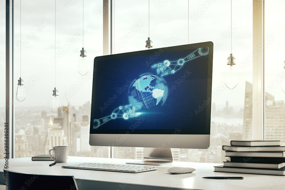 Poster creative abstract robotics technology sketch with globe on modern laptop monitor, future technology 