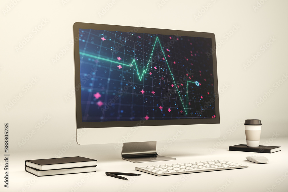 Poster Modern computer monitor with creative abstract heart rate hologram. Healthcare technolody concept. 3D Rendering