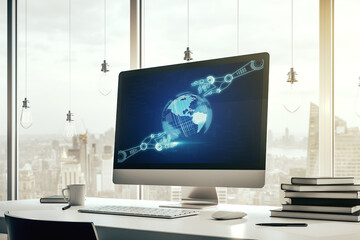 Creative abstract robotics technology sketch with globe on modern laptop monitor, future technology and AI concept. 3D Rendering