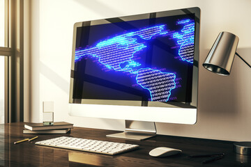 Computer monitor with digital America map, global technology concept. 3D Rendering