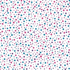 Pink, purple and blue dots of different sizes on a white background abstract pattern. 