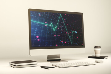 Modern computer monitor with creative abstract heart rate hologram. Healthcare technolody concept. 3D Rendering