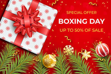 Fototapeta na wymiar Realistic boxing day sale background, Top view on gift boxes and christmas balls