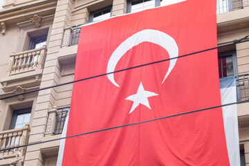 Large Turkey flag on a building in the city center on Istanbul