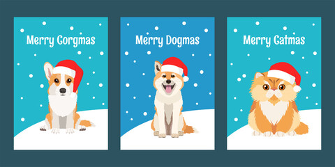 Merry Christmas greeting cards set with pets wearing Santa hats: persian cat, akita dog and pembroke welsh corgi. Inscriptions Merry Catmas, Merry Dogmas and Merry Corgmas.