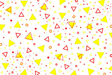 Geometric triangles abstract pattern design. Bright yellow and red triangles pattern on white background. Hipster geometry style triangles shape, trendy flat cover, paper, banner or flyer design