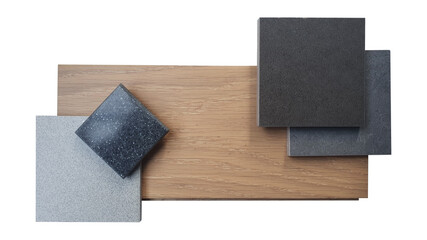 combination of interior material samples containing black maquina marble ,black grained artificial stone surface ,grey and black stone texture tiles ,laminated wooden flooring.