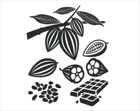 set of cacao icons with leaves and chocolate.