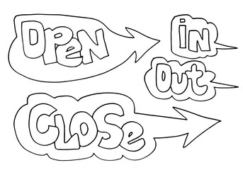 Handdrawn arrows, borders set with handwritten text:open,close,in,out. Vector icon.