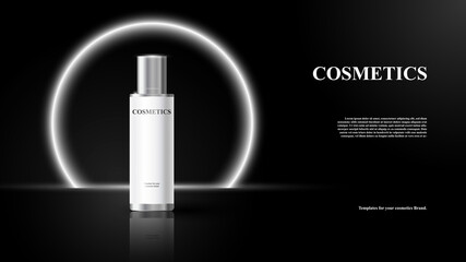 Cosmetic Product Template, Vector Background with cosmetic product, white cosmetic bottle on black background, premium design of cosmetics product, cosmetic brand presentation 