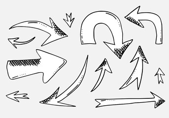 doodle design elements. hand drawn arrows isolated on white background. Vector illustration.