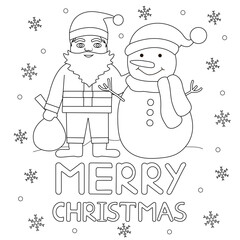 Coloring page. Merry Christmas. Santa, Snowman and snowflakes.