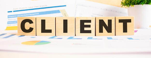 CLIENT the word on wooden cubes. Background is a business diagram. Business and finance concept
