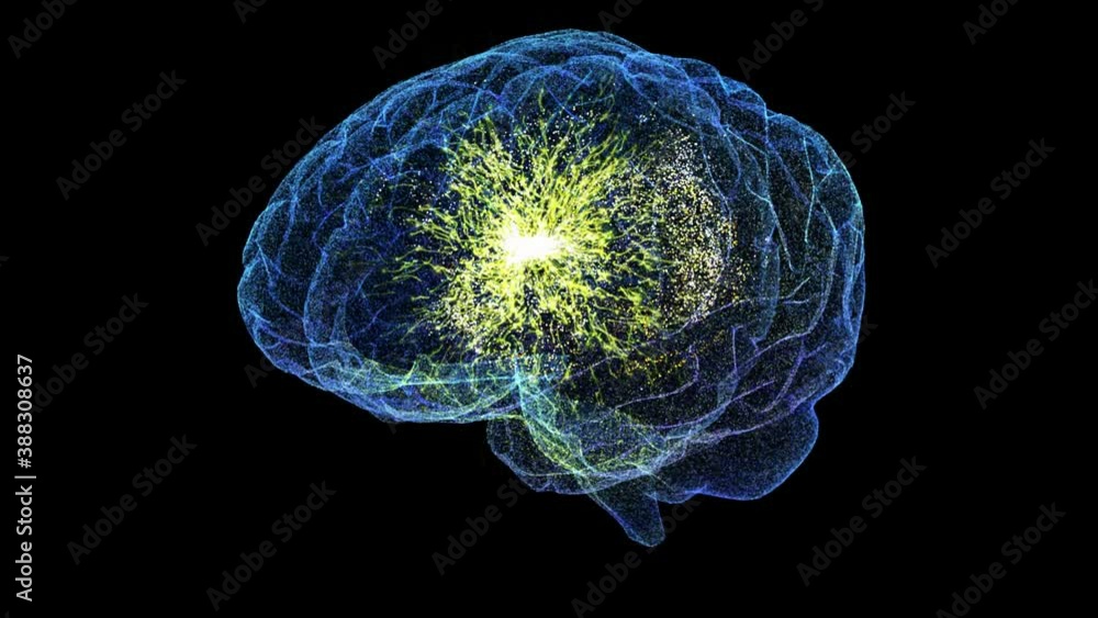 Fototapete Futuristic head up display of virtual holographic biomedical brain neuron pathology and diagnostic scan. Loop motion element with alpha channel