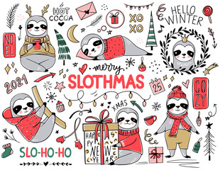 Cute Sloth, Merry Christmas collection. Vector funny illustrations for winter holidays. Doodle lazy sloths bears with scarf, gift box, hat. Happy New Year and Xmas animals set