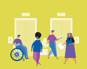 Office people of different ethnicities at the elevator as a concept of a multicultural society, black workers, flat vector stock illustration with african american, men, women, people © Vikkymir Store