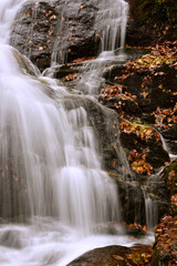 Fototapeta na wymiar Cascading water splashing over granite rocks with colorful autumn leaves creates a tranquil scene.