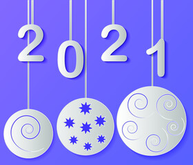 happy new year to 2021. paper patterns of figures and Christmas balls. vector graphics