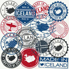 Iceland Set of Stamps. Travel Passport Stamp. Made In Product. Design Seals Old Style Insignia. Icon Clip Art Vector.