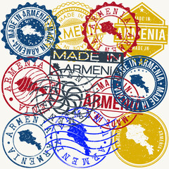 Fototapeta premium Armenia Set of Stamps. Travel Passport Stamp. Made In Product. Design Seals Old Style Insignia. Icon Clip Art Vector.