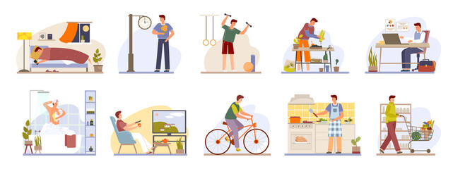 Man daily routine icons set day work and rest life schedule isolated vector illustration. Sleep, morning, work and meal, sport and leisure. Businessman everyday lifestyle, routine during day time.
