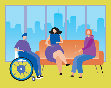 Inclusiveness and friendship as communication, friendship concept, flat vector stock illustration with disabled person in wheelchair and friends