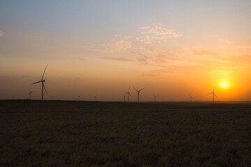 windmills in the field in the autumn evening