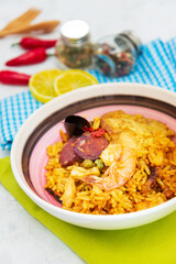 Prawn with rice - close up of prawn with rice - traditional Spanish food paella