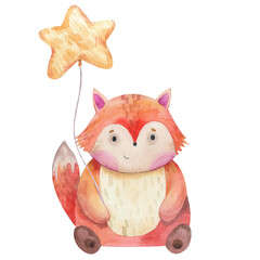 little cartoon fox with yellow star ball, kids watercolor illustration for print