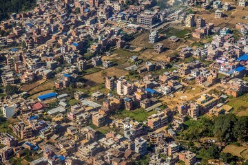 Aerial view of Kathmandu district, many small poor houses partly destroyed by the earthquake in 2015. Nepal.