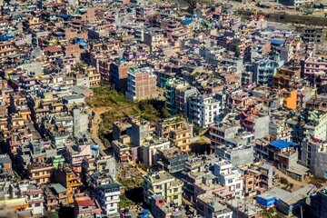 Aerial view of Kathmandu district, many small poor houses partly destroyed by the earthquake in 2015. Nepal.