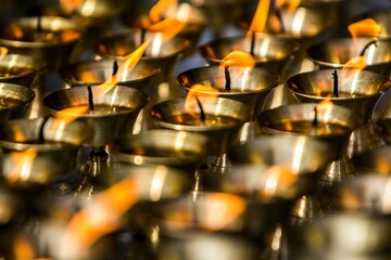 Burning candles in Buddhist temple in Nepal.