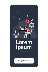 Tired exhausted woman working at laptop and feeling burnout. Vector illustration for overload, overwork, fatigue concept.