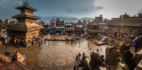 KATHMANDU, NEPAL - OCTOBER 29, 2017. Panoramic view on Durbar Square in rainy weather in Bhaktapur,...
