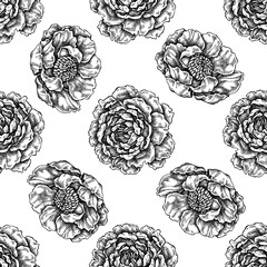 Seamless pattern with black and white peony