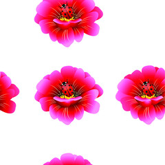 Seamless pattern with pink flowers and ladybird.