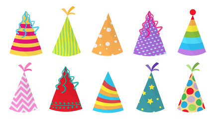 Cartoon set of colorful birthday caps for celebration design. Party hat set isolated on a white background.